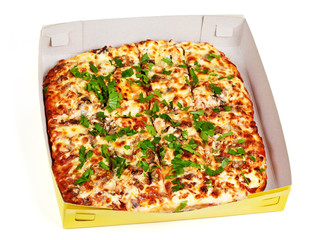 tasty pizza in the package isolated on white