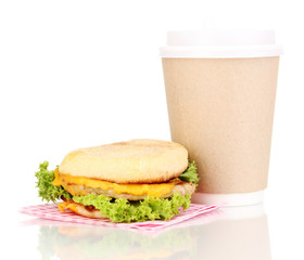 Paper cup of coffee and burger isolated on white