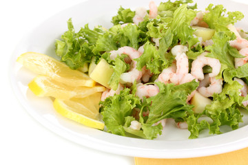 Delicious marinated shrimp in plate isolated on white