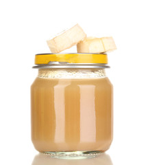 Jar of baby puree with banana isolated on white