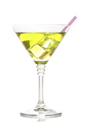 Yellow cocktail in martini glass isolated on white