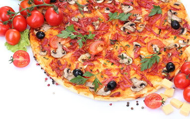 delicious pizza and vegetables isolated on white.
