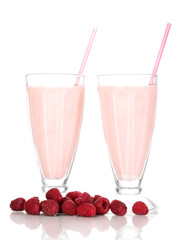 Raspberry milk shakes isolated on white