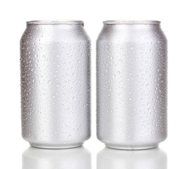aluminum cans with water drops isolated on white