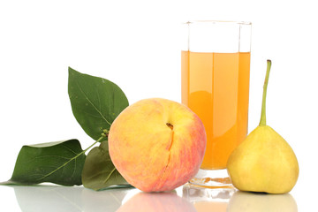 Juice with pear and peach isolated on white