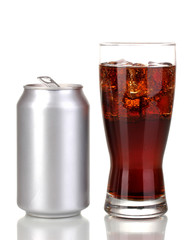 Open aluminum can and glass of cola isolated on white.