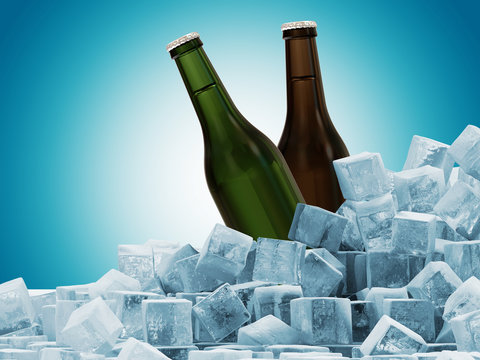 Bottles of Beer in Ice Cubes on blue background