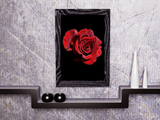 a picture, a shelf and the vases
