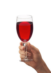 Man's hand with glass of red wine isolated on white