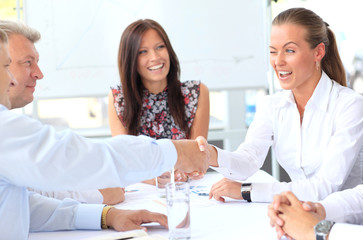 Fototapeta premium Business people shaking hands, finishing up a meeting