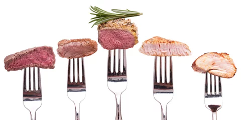 Fotobehang Vlees Collectie van gebakken vlees op een vork