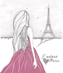 Poster Meisje kijkt naar de Eiffeltoren. Hand getekende Parijs briefkaart. © Dovikuu