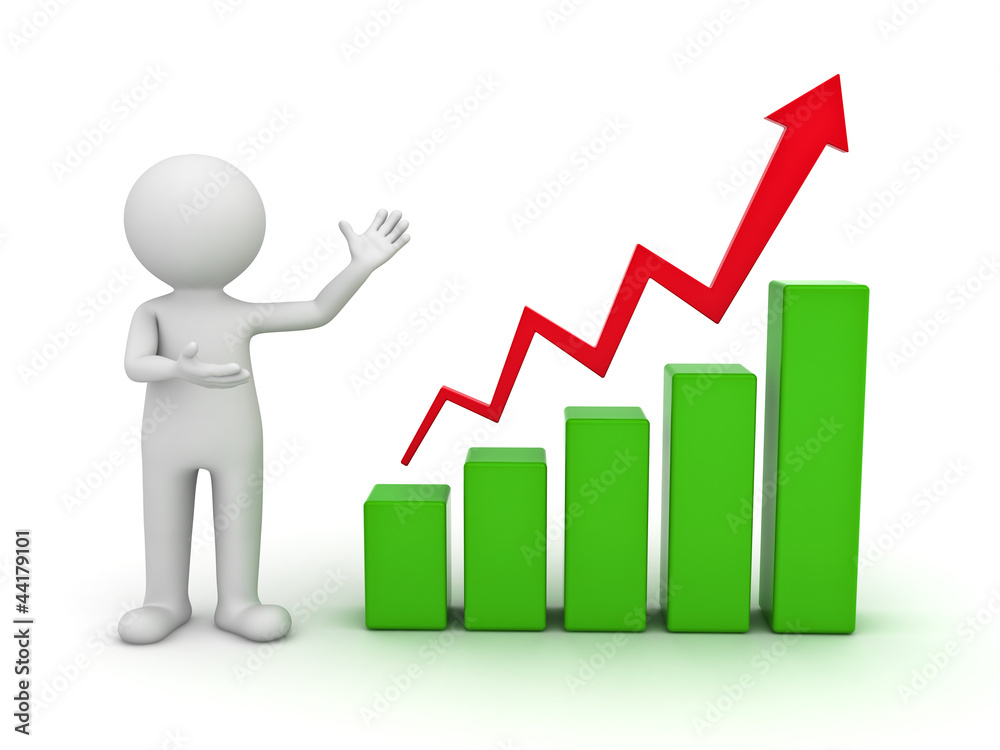 Poster 3d man presenting business chart graph over white background