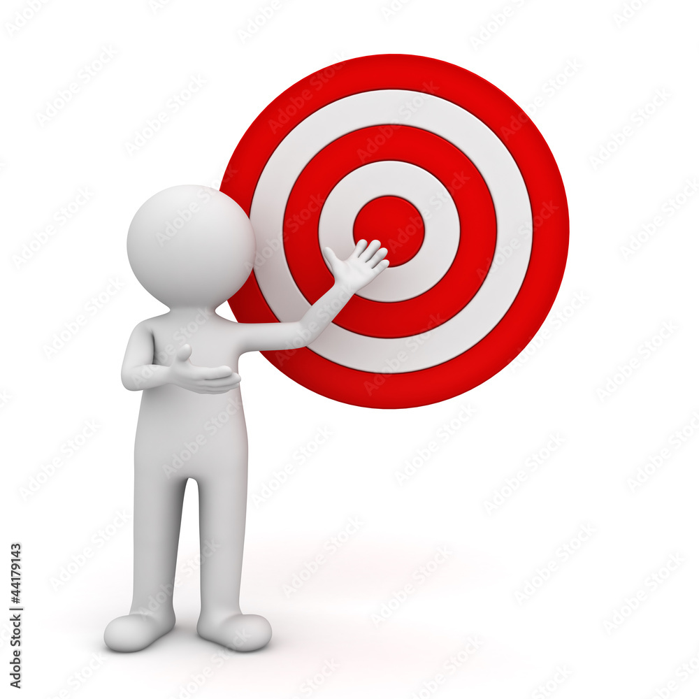 Poster 3d man presenting center of the red target over white background