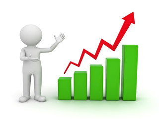 3d man presenting business chart graph over white background