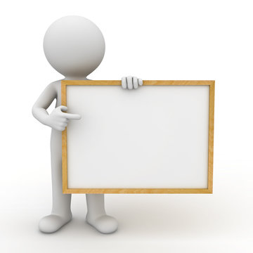3d man holding blank board and pointing finger at it on white