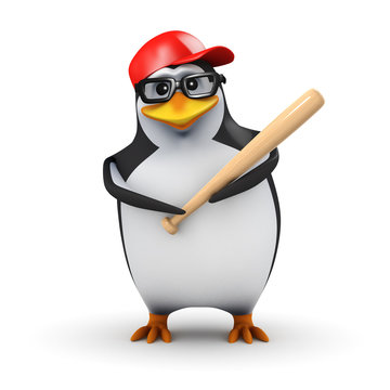 3d Penguin stands ready to bat in Baseball game