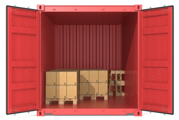 Container with goods. Red Cargo Container. Front view.