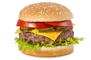 Big cheeseburger isolated against a white background.
