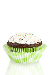 One cupcake with frosting over white