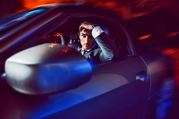 Beauty stylish guy in  car .