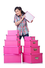 Girl with stack of giftboxes on white