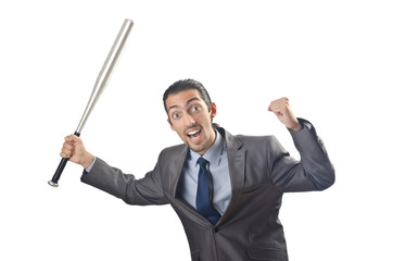 Angry businessman with bat on white