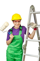 Woman worker with ladder on white