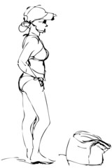 a sketch a girl in a bikini costs near a bag