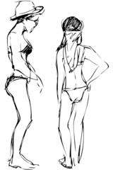 a sketch two girls communicate in a bikini