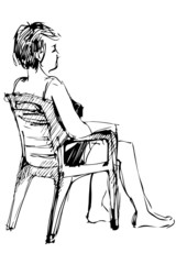 a sketch youth sits in an arm-chair barefoot