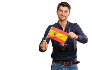 Portrait of a young man holding a flag