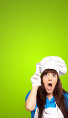portrait of female chef shocked