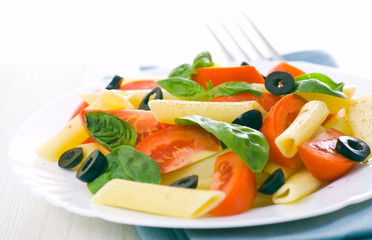 Pasta salad with tomatoes and fresh basil leaves