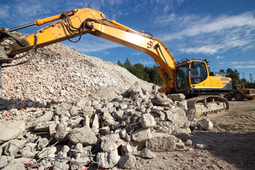 Construction demolition waste and excavator
