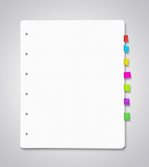 Stack of blank paper sheets with many colorful bookmarks
