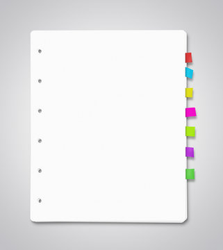 Stack of blank paper sheets with many colorful bookmarks