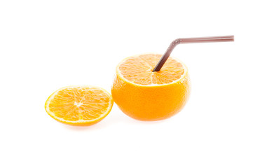 Orange with straw on white background