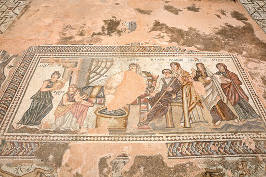 Ancient Greek mosaic in Archaeological Park in Paphos, Cyprus