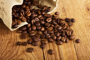 Coffee beans and burlap fabric