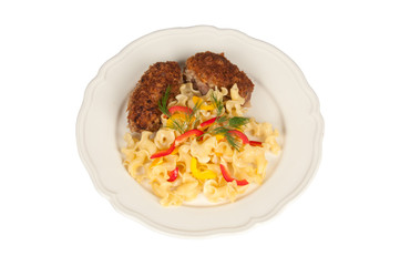 Chicken schnitzel and pasta