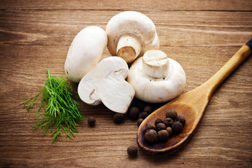 Fresh mushrooms on a wooden board