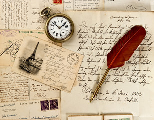 old letter and post cards with feather quill - obrazy, fototapety, plakaty