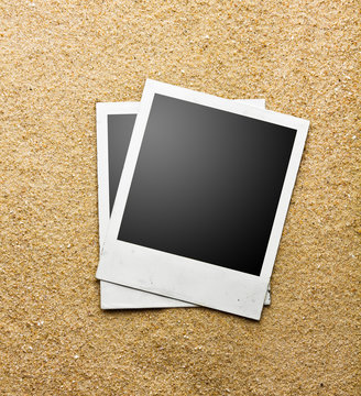 Photo frame on sand background, path inside frame