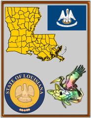 USA state Louisiana flag map coat bird