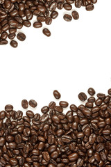 many coffee beans on white background with space