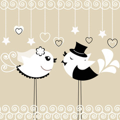 Two birds: the bride and groom on a gray background