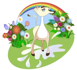 Poster Ferme un petit veau, qui est sur une prairie d& 39 été de fleurs