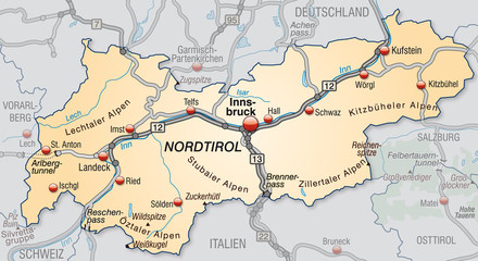 Landkarte von Tirol mit Nachbarländern