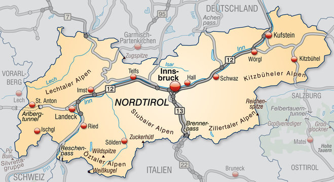 Landkarte von Tirol mit Nachbarl&auml;ndern